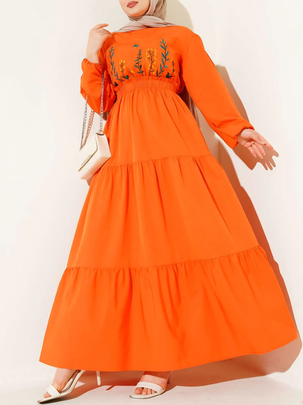 Modest Embroidered Tiered Maxi Dress Orange XL